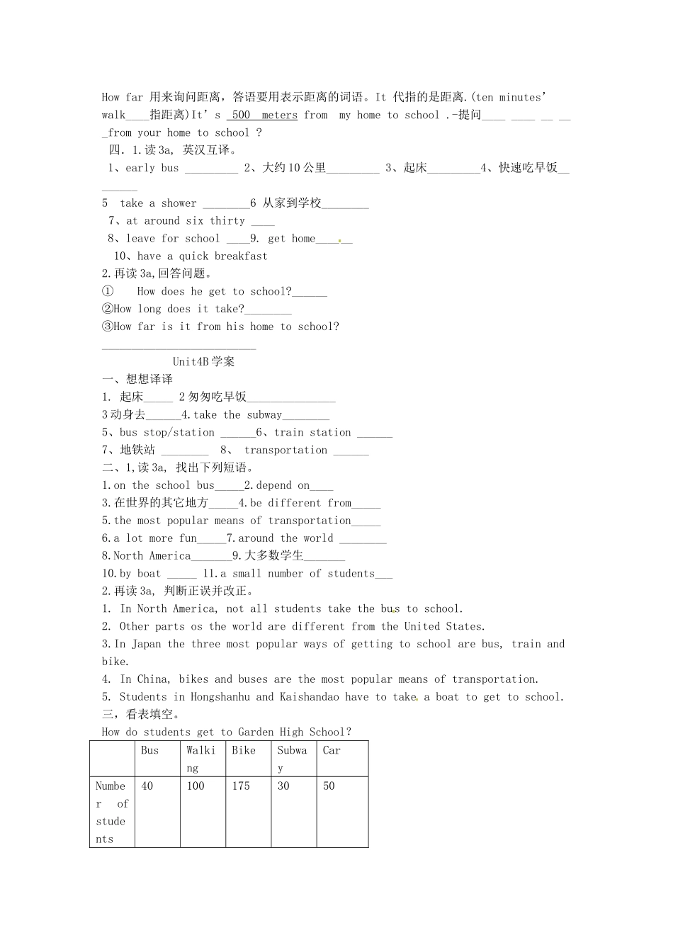 吉林省伊通县实验中学八年级英语上册《Unit 4 How do you get to school Section A》学案（无答案） 人教新目标版_第2页