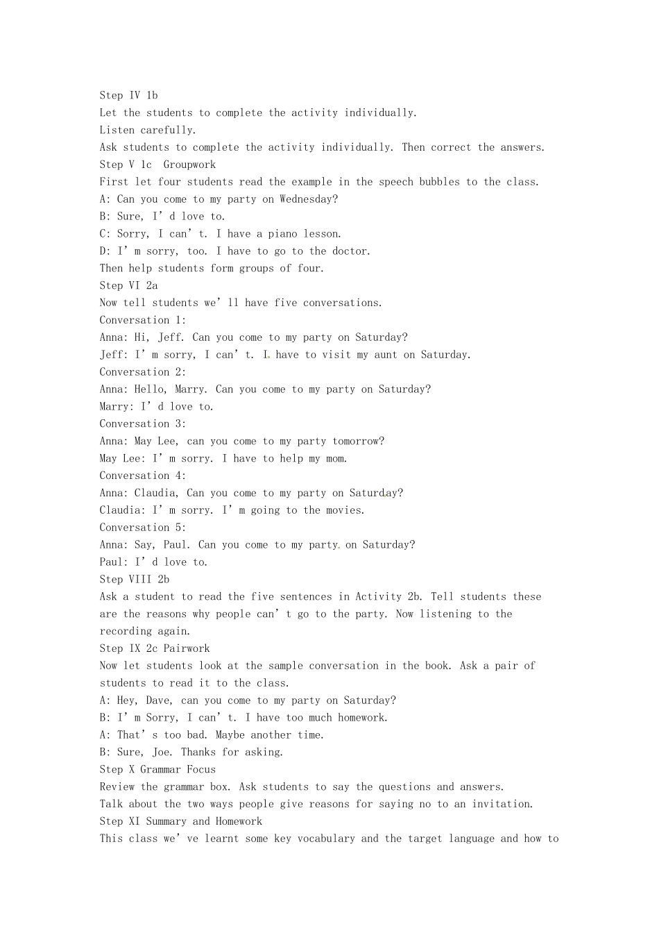 吉林省伊通县实验中学八年级英语上册《Unit 5 Can you come to my party》教案 人教新目标版_第2页