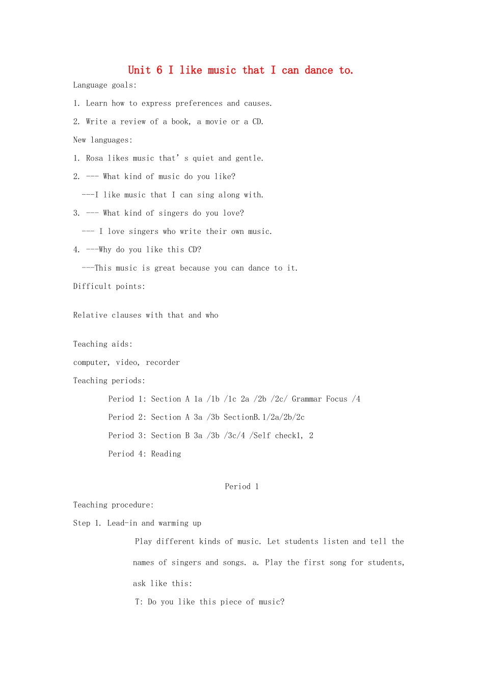 九年级英语上册 Unit 6《I like music that I can dance too》教案 人教新目标版_第1页