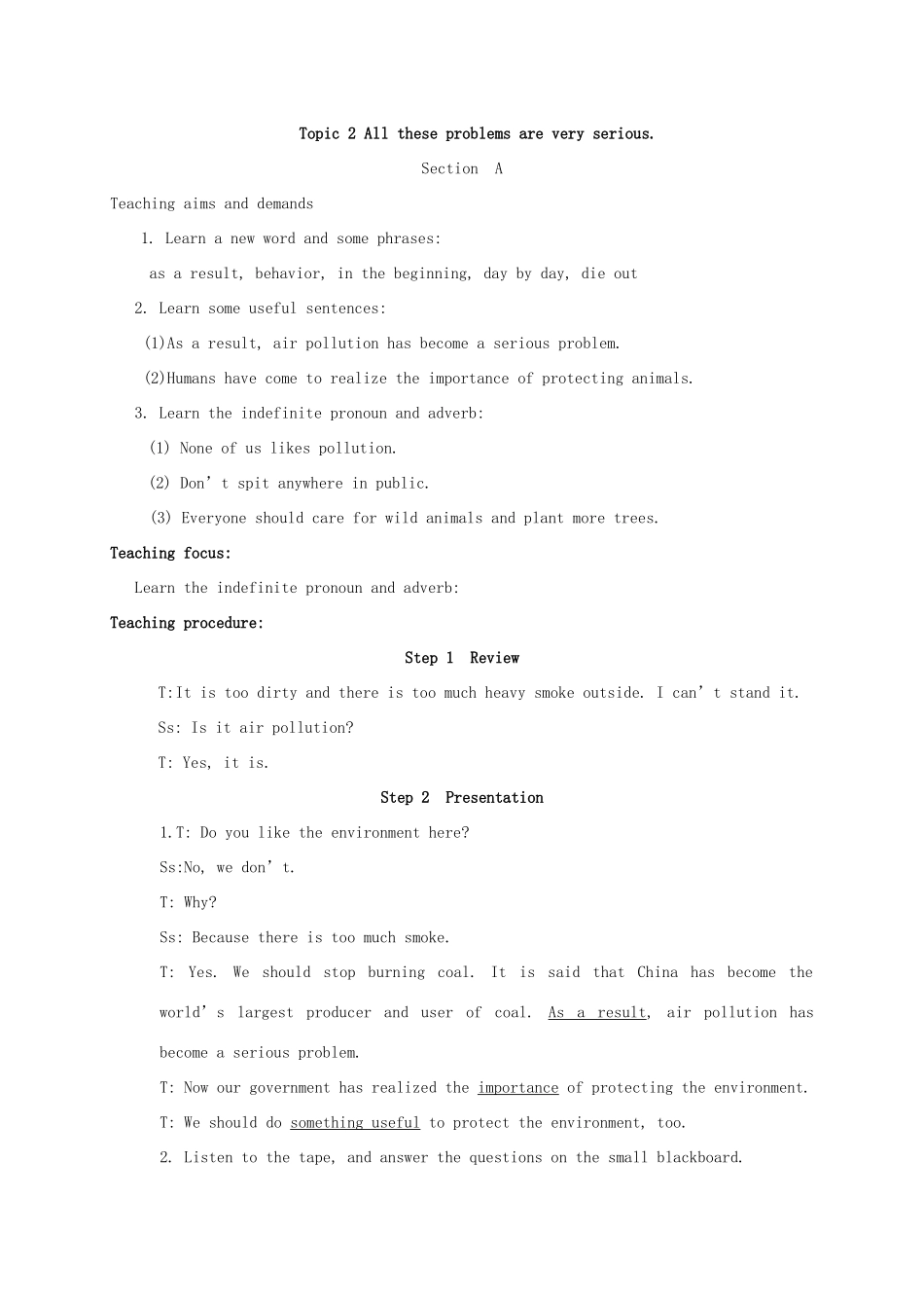 九年级英语上册 Unit 2 Topic 2 All these problems are very serious教案 （新版）仁爱版-（新版）仁爱版初中九年级上册英语教案_第2页