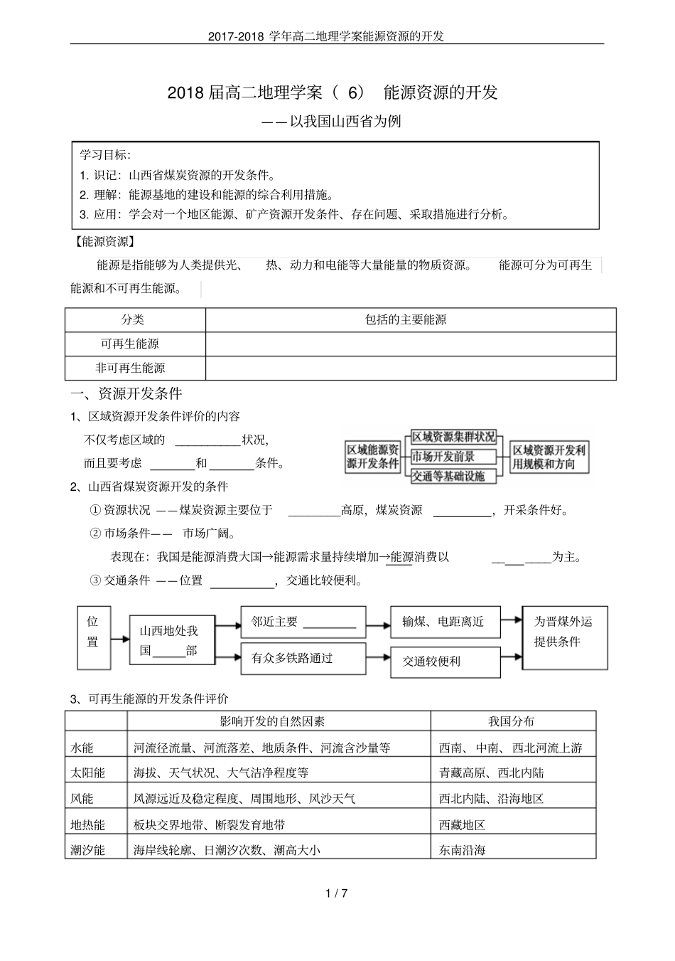 2017-2018学年高二地理学案能源资源的开发_第1页