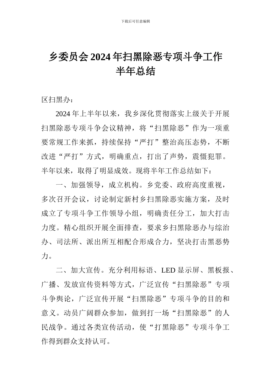 乡委员会2024年扫黑除恶专项斗争工作半年总结_第1页
