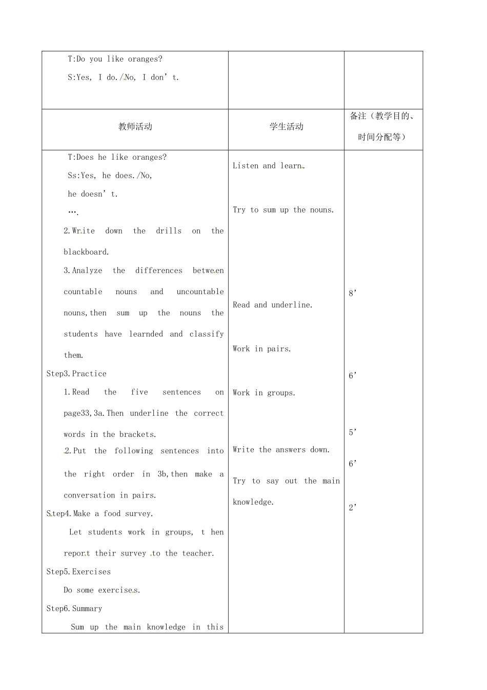 吉林省四平市第十七中学七年级英语上册 Unit 6 Do you like bananas（第3课时）教案 （新版）人教新目标版_第2页