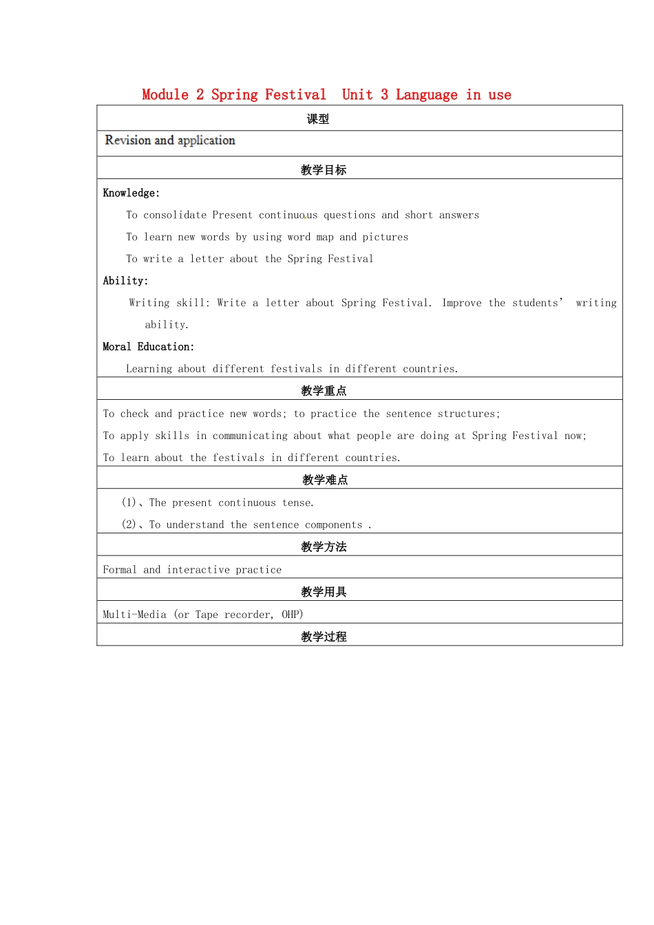 天津市佳春中学七年级英语下册 Module 2 Spring Festival《Unit 3 Language in use》教案 外研版_第1页