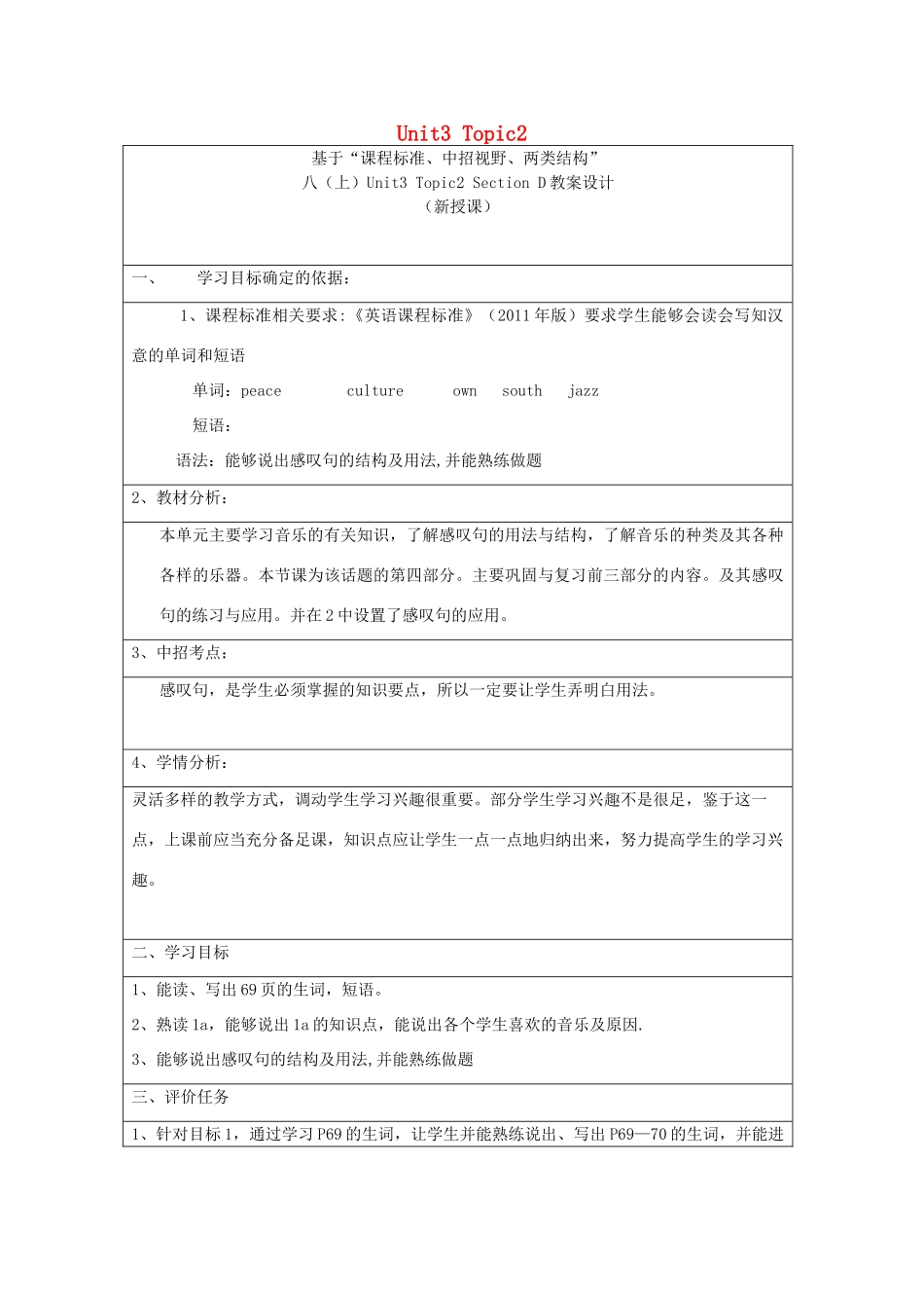 八年级英语上册 Unit 3 Our Hobbies Topic 2 What sweet music Section D教案 （新版）仁爱版-（新版）仁爱版初中八年级上册英语教案_第1页