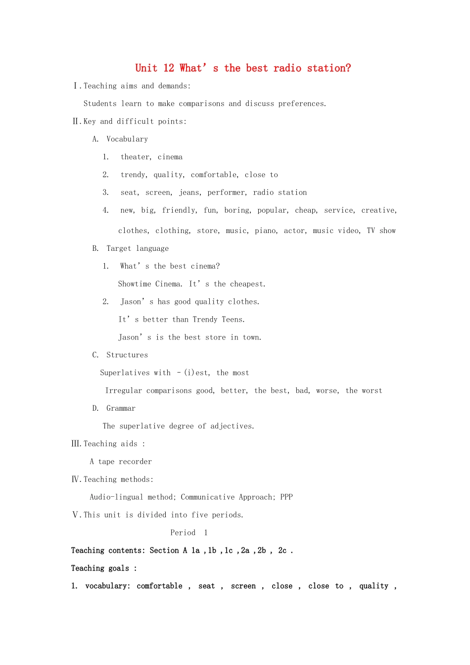 八年级英语上册 Unit 12 What’s the best radio station 教案全单元4课时 人教新目标版_第1页