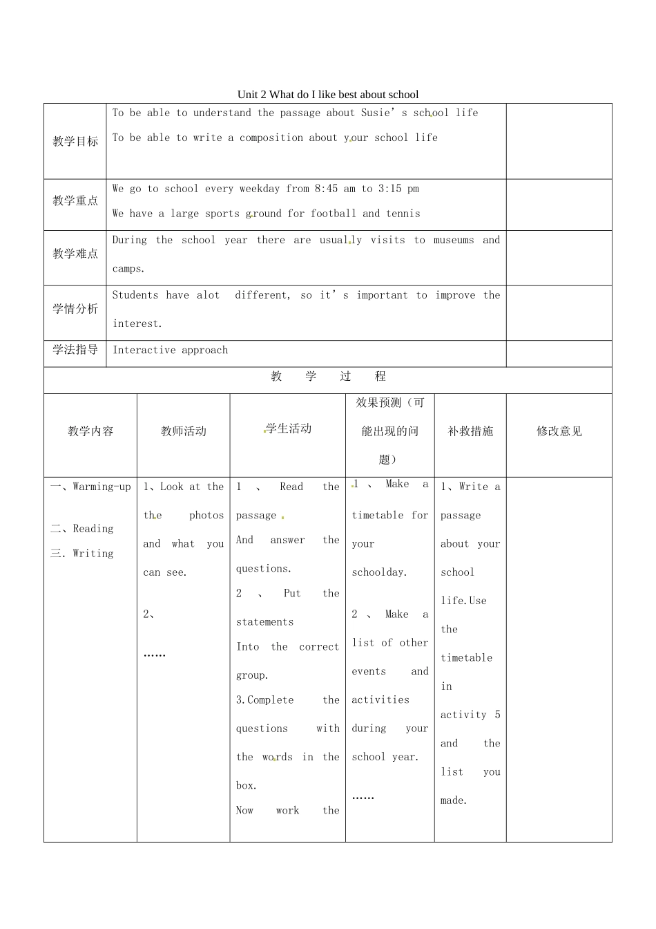 四川省华蓥市九年级英语下册《Module 2 Unit 2 What do I like best about school》教案 （新版）外研版-（新版）外研版初中九年级下册英语教案_第1页