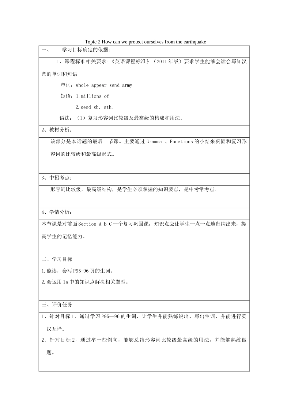 八年级英语上册 Unit 4 Our World Topic 2 How can we protect ourselves from the earthquake Section D教案 （新版）仁爱版-（新版）仁爱版初中八年级上册英语教案_第1页