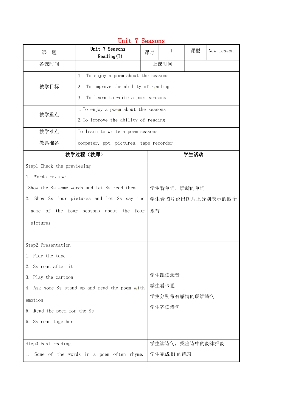 八年级英语上册 Unit 7 Seasons Reading I教案 （新版）牛津版-（新版）牛津版初中八年级上册英语教案_第1页