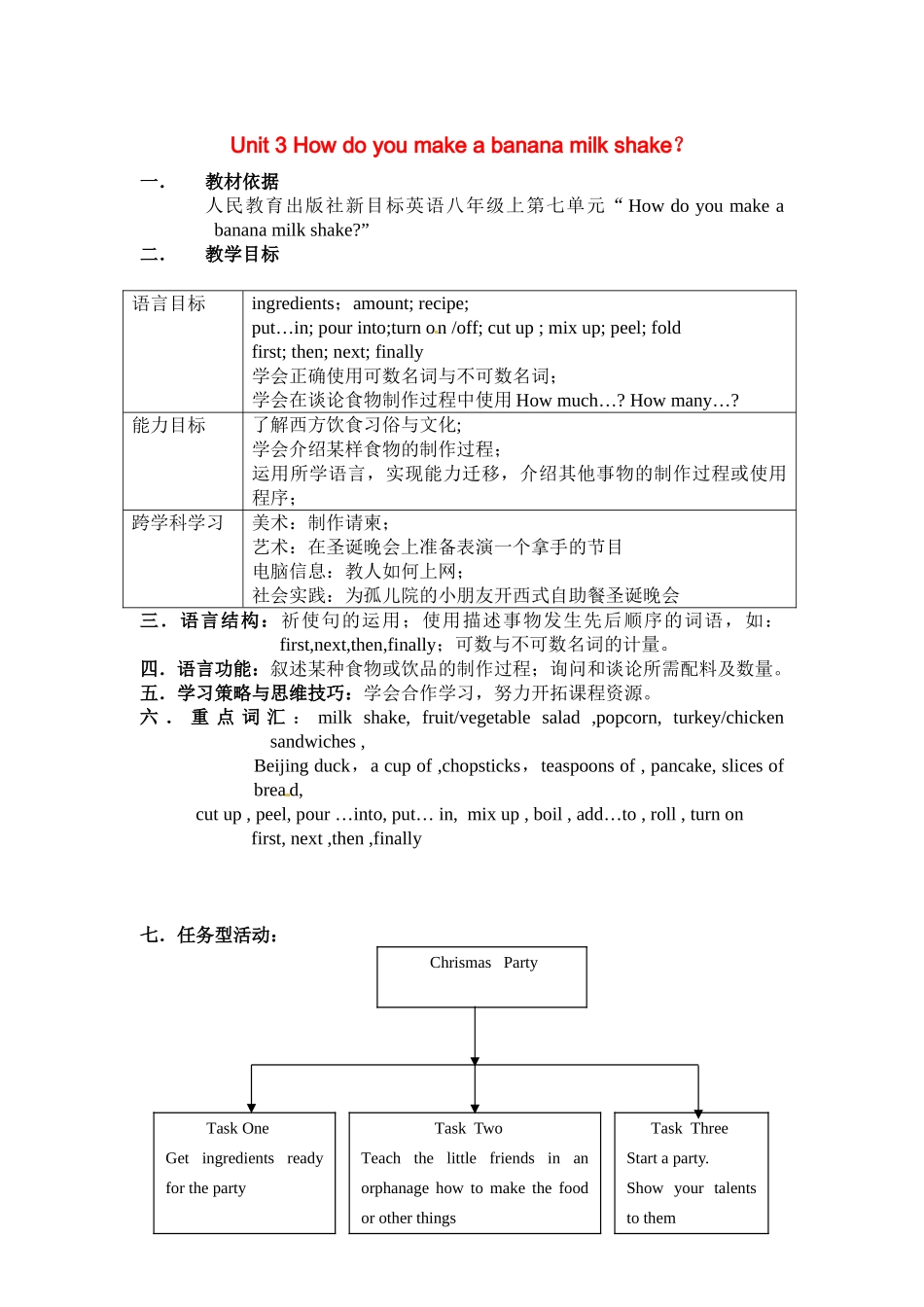 七年级英语下册：Unit 3 How do you make a banana milk shake？（教案5）鲁教版_第1页