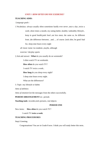 八年级英语上册 Unit 1 How ofen do you exercise？教案  人教新目标版