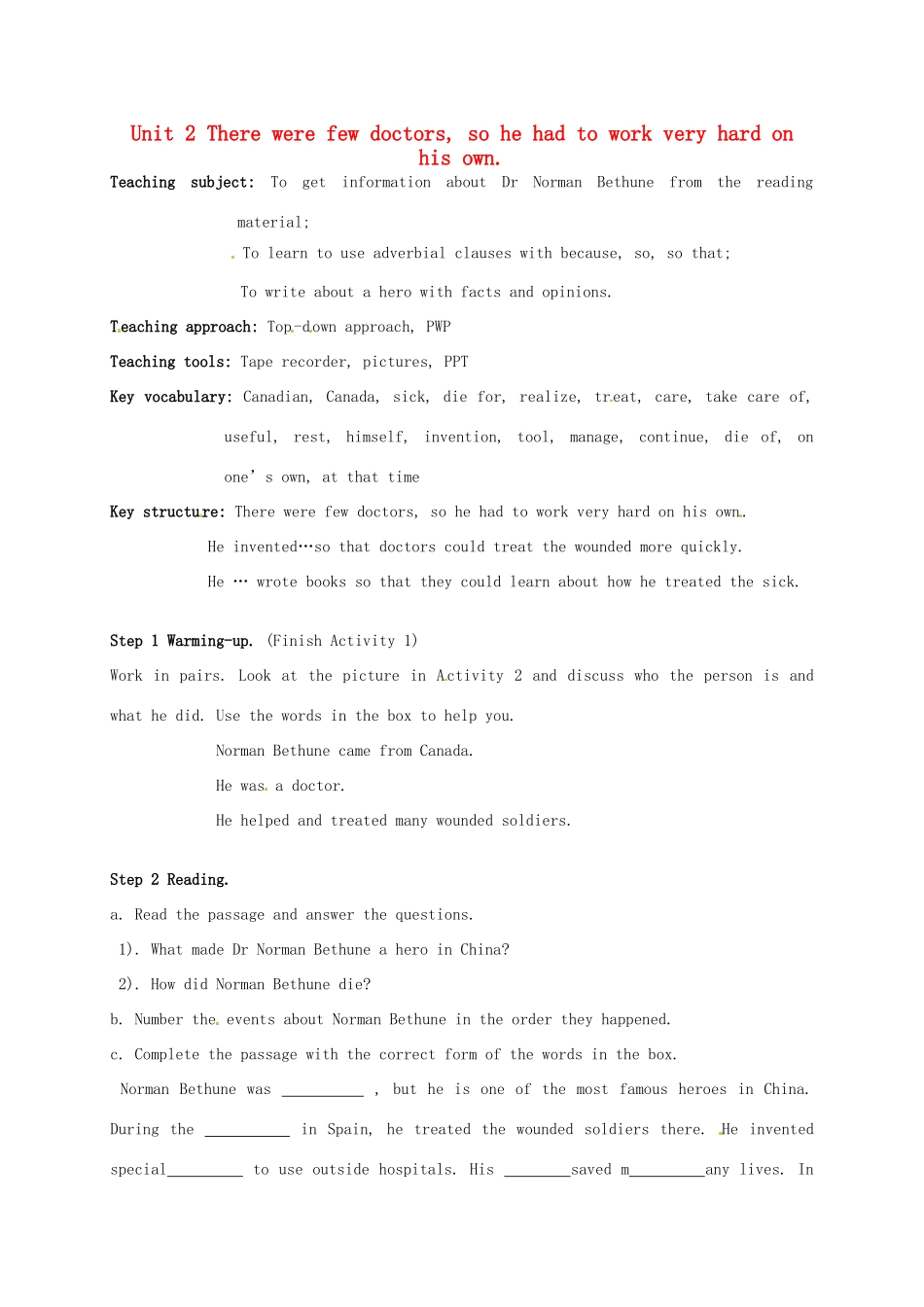 九年级英语上册 Module 3 Unit 2 There were few doctors，so he had to work very hard on his own教案 （新版）外研版-（新版）外研版初中九年级上册英语教案_第1页