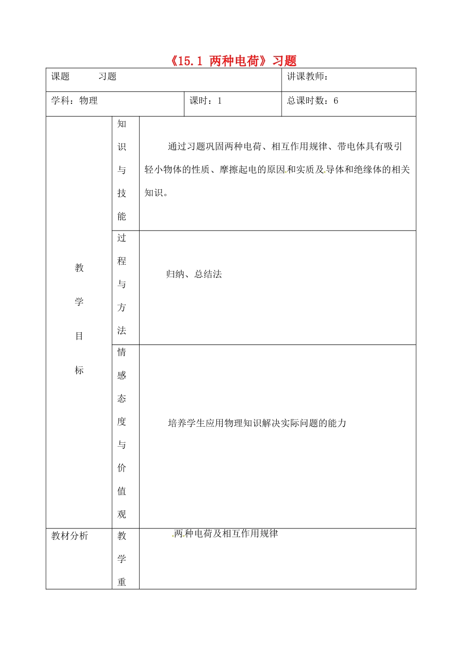 吉林省四平市第十七中学九年级物理全册《15.1 两种电荷》习题教案3 （新版）新人教版_第1页