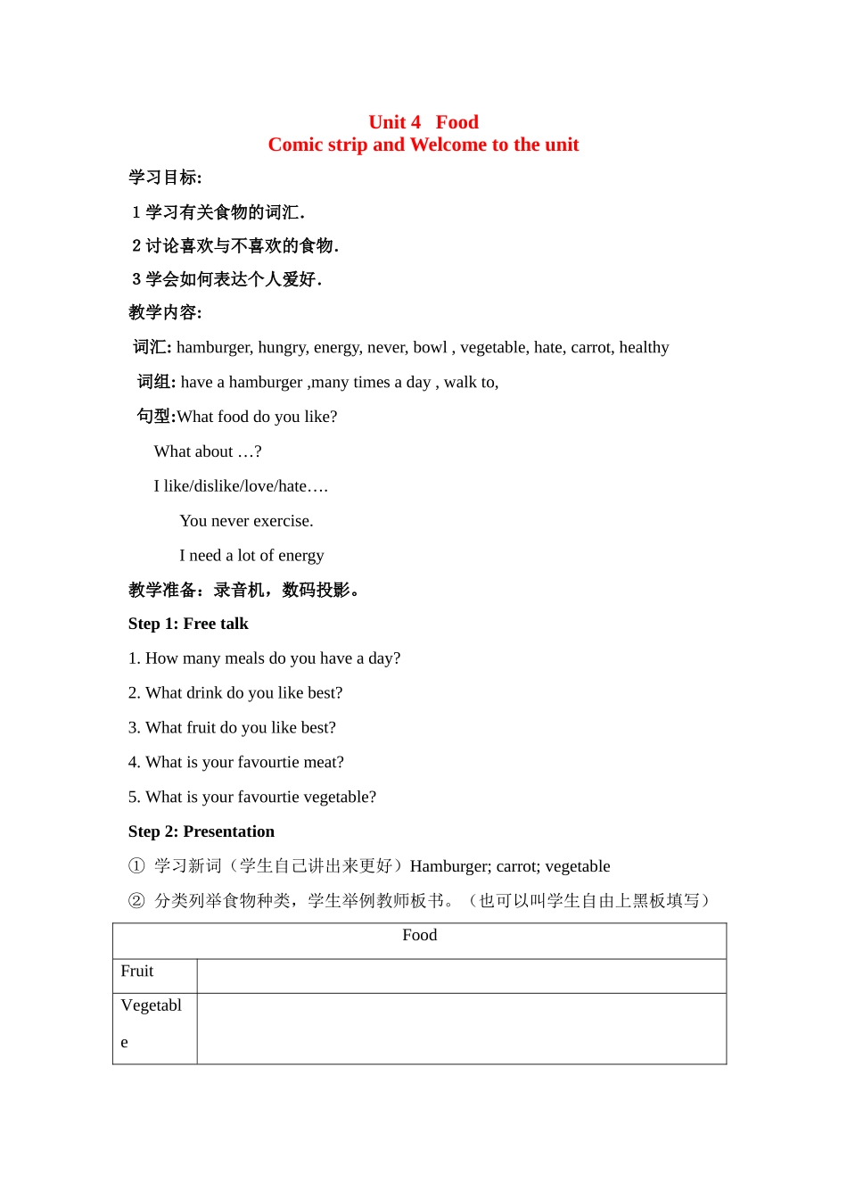 七年级英语Unit 4 Food教案牛津版_第1页