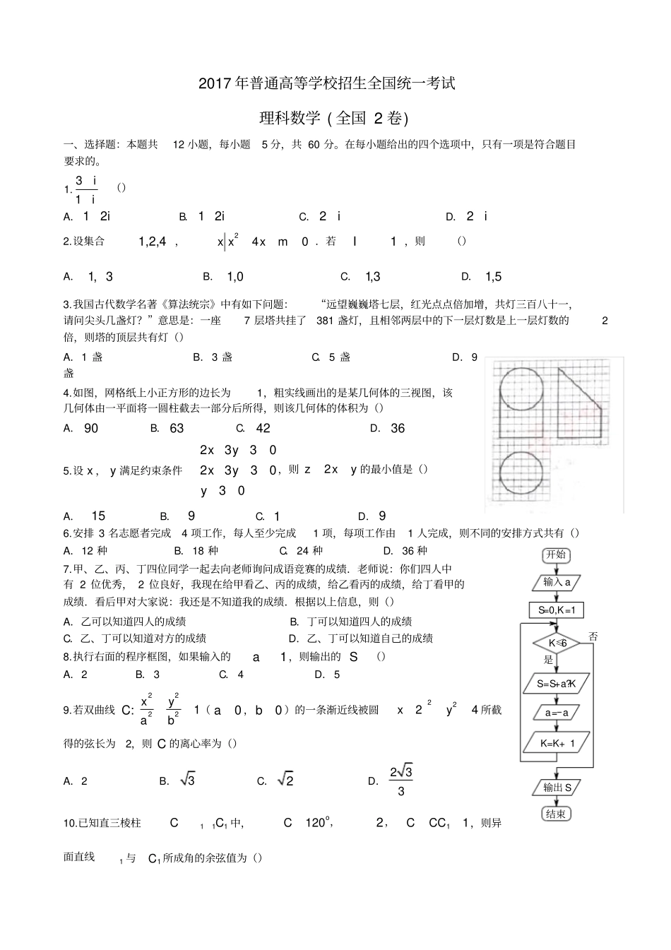 2017全国二卷理科数学高考真题及答案_第1页