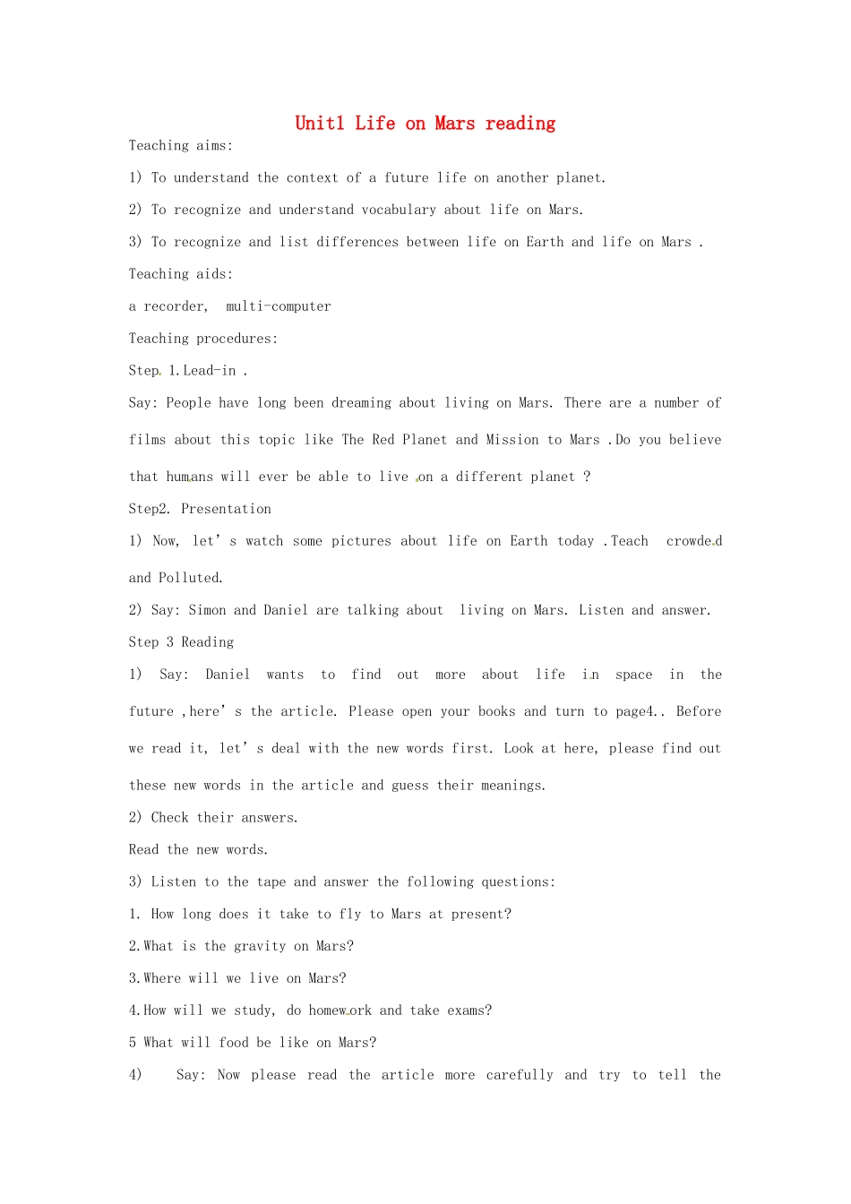 九年级英语下册《Unit 1 Life on Mars reading 1》教案 牛津版-牛津版初中九年级下册英语教案_第1页