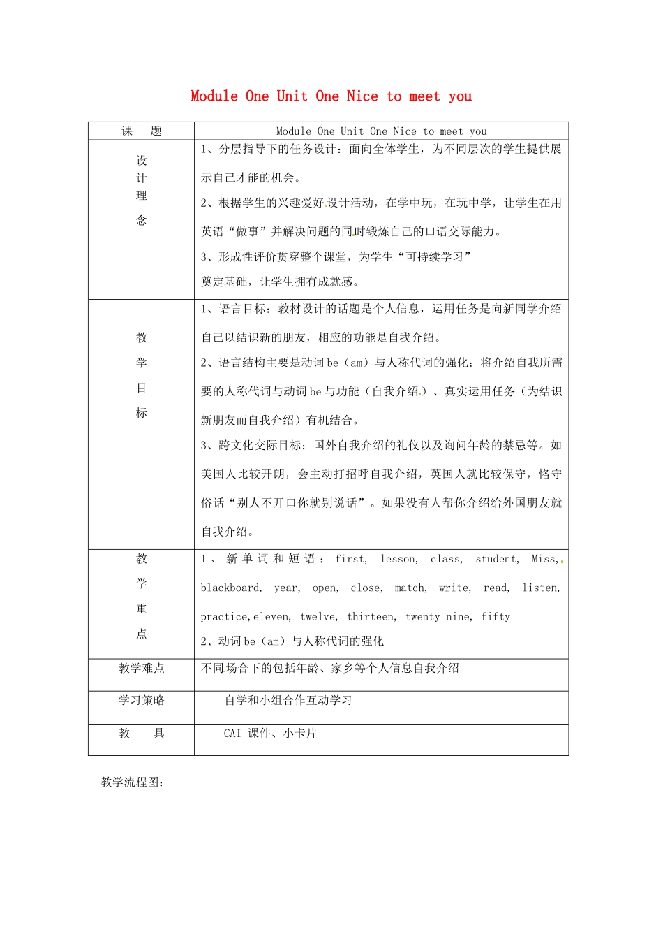 七年级英语上册 Module 1 Nice to meet you教案1 外研版_第1页