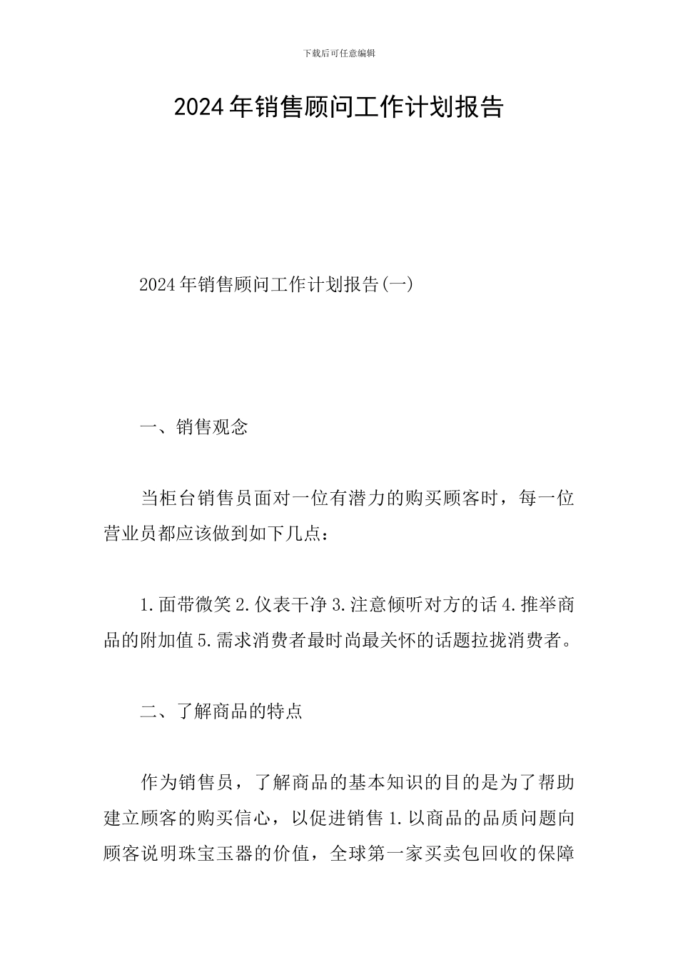 2024年销售顾问工作计划报告_第1页