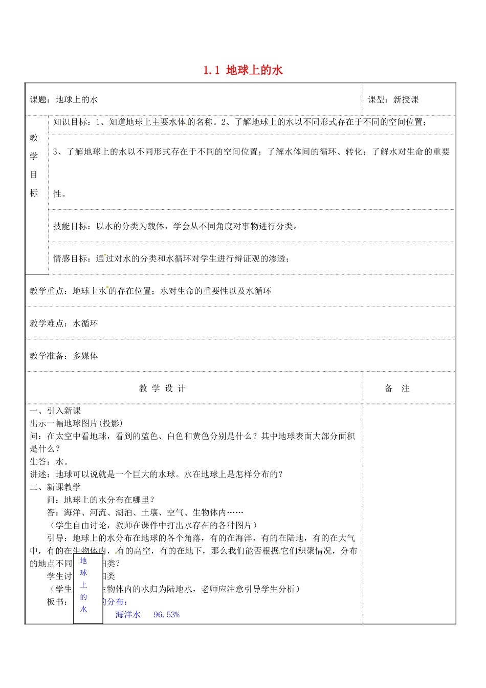 八年级科学上册 1.1 地球上的水教案 浙教版_第1页