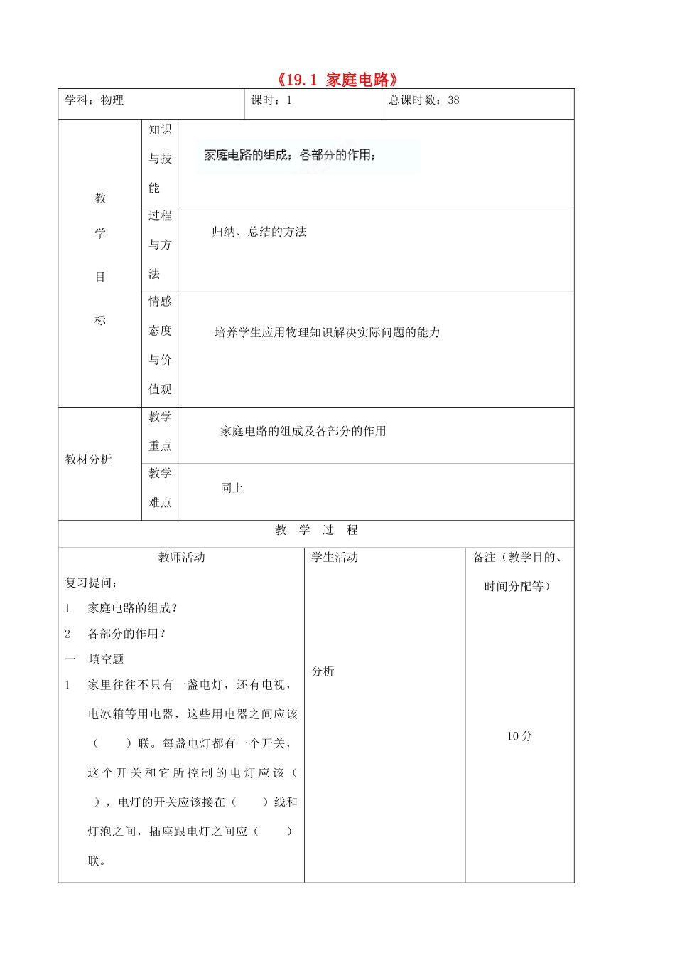 吉林省四平市第十七中学九年级物理全册《19.1 家庭电路》习题教案1 （新版）新人教版_第1页