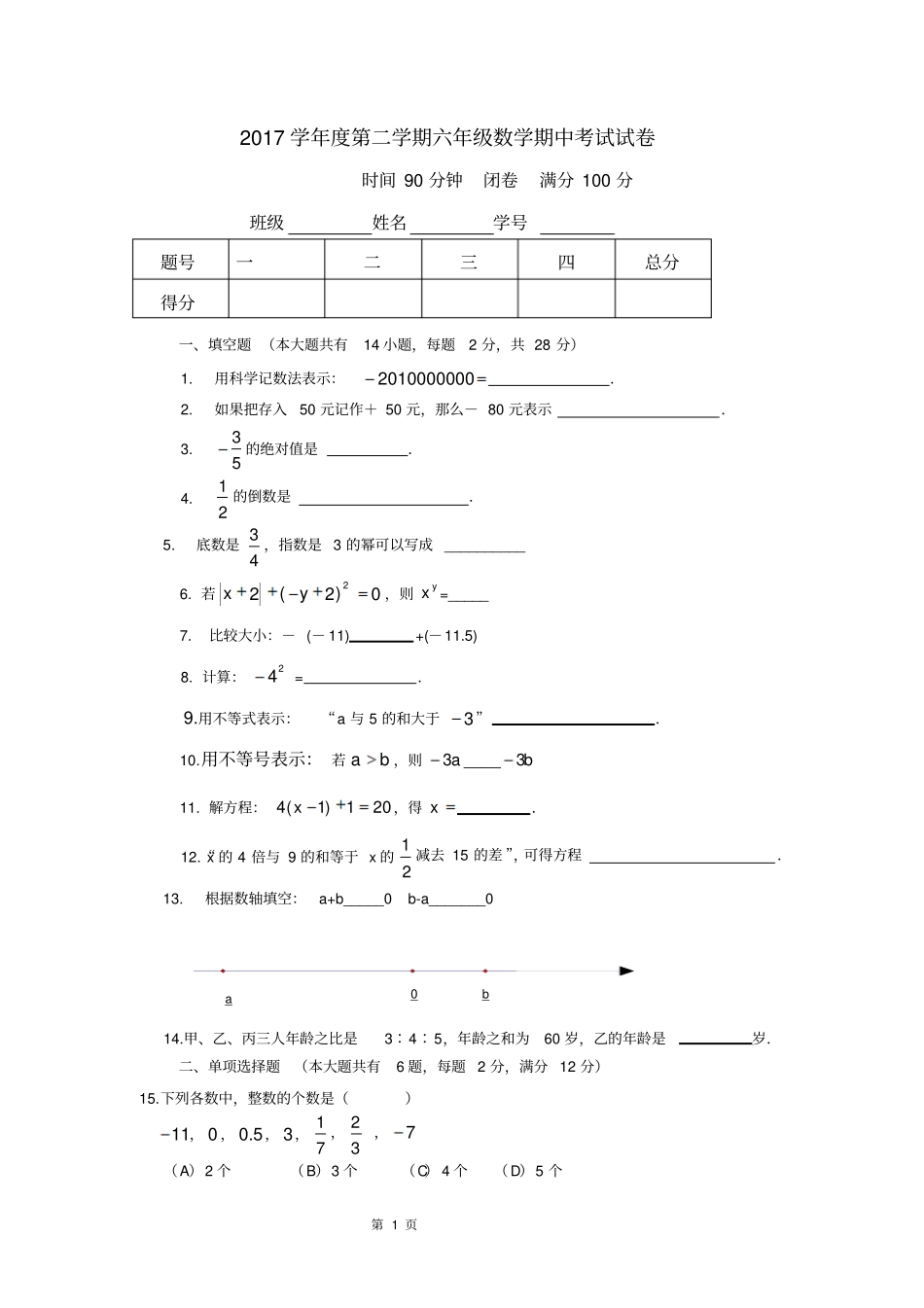 2017学年沪教版第二学期六年级数学期中考试试卷_第1页