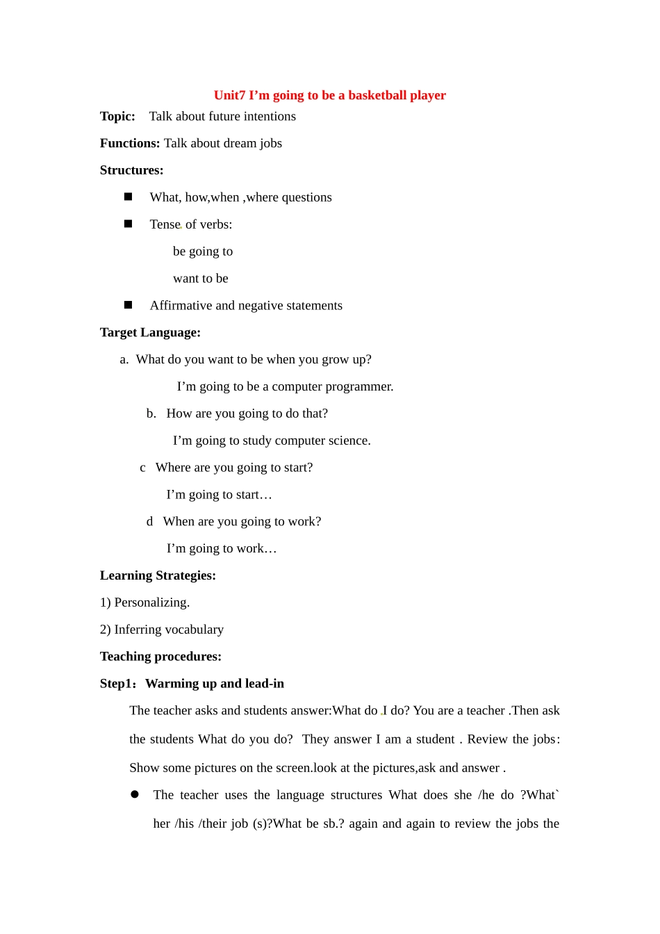 七年级英语下册：Unit 7 I'm going to be a basketball player（教案6）鲁教版_第1页