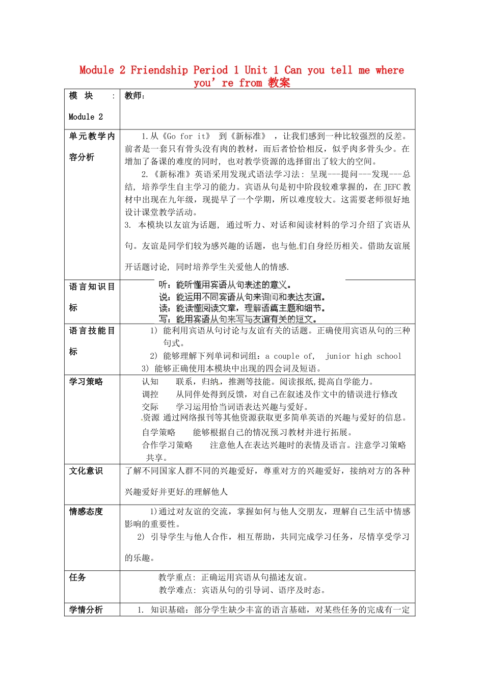 天津市武清区杨村第五中学八年级英语下册《Module 2 Friendship Period 1 Unit 1 Can you tell me where you’re from》教案 外研版_第1页