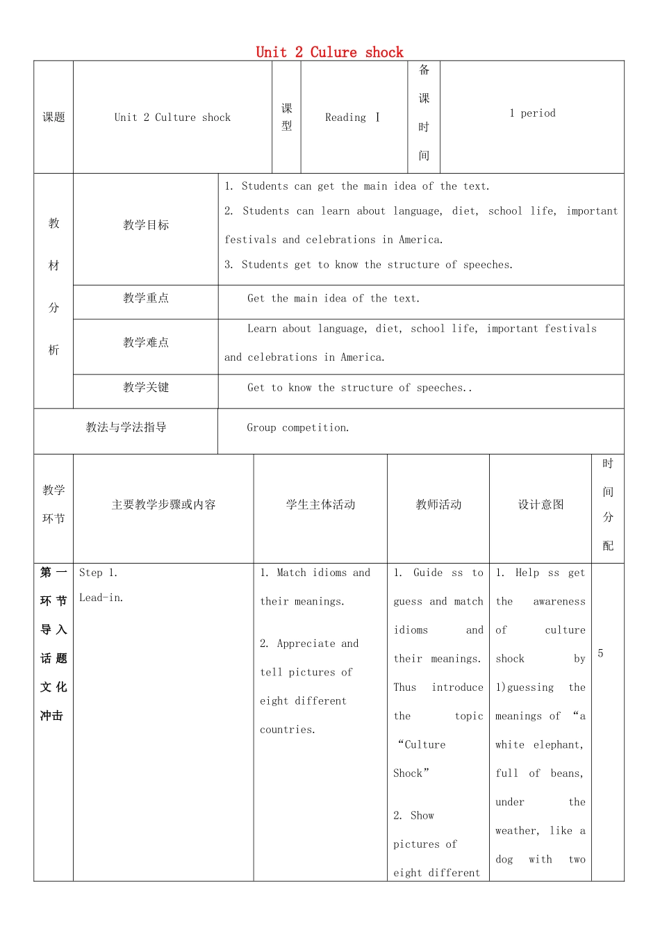 九年级英语下册 Module 1 Explorations and exchanges Unit 2 Culture shock教案2 牛津深圳版-牛津深圳版初中九年级下册英语教案_第1页