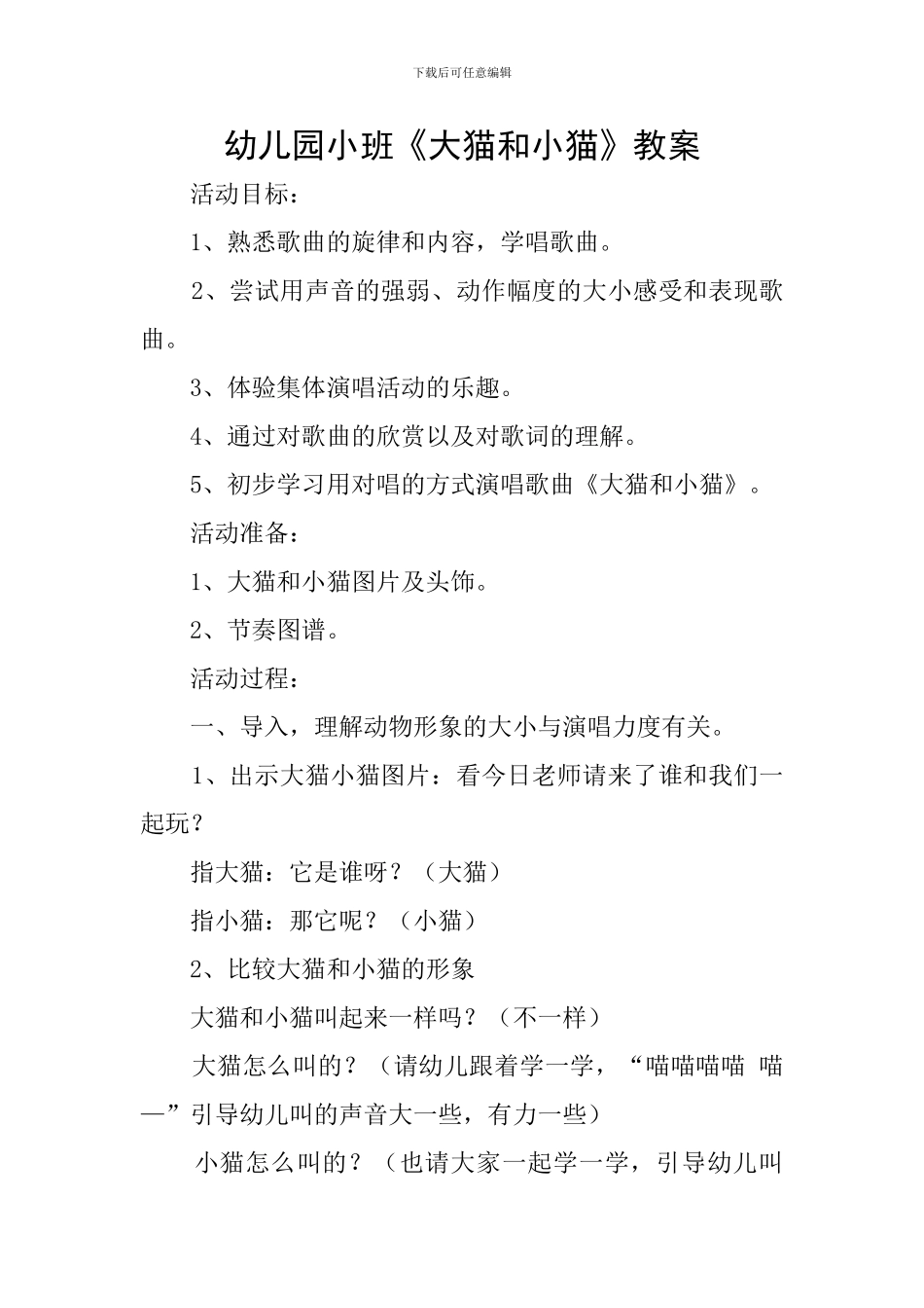 幼儿园小班《大猫和小猫》教案_第1页