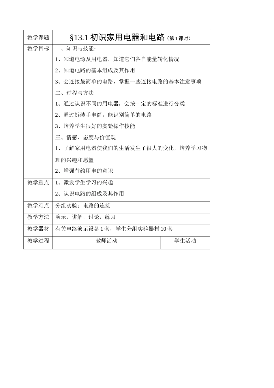 九年级物理13.1初识家用电器和电路教案苏科版_第1页