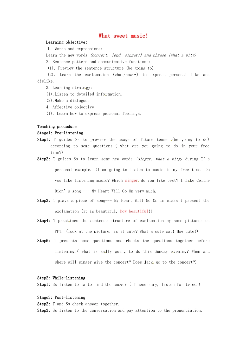 八年级英语上册 Unit 3 Topic 2 What sweet music Section A教案 （新版）仁爱版-（新版）仁爱版初中八年级上册英语教案_第1页