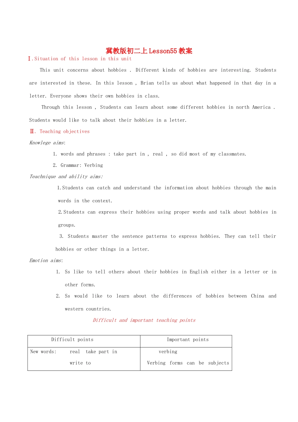八年级英语上册 Unit7 Lesson55教案 冀教版_第1页