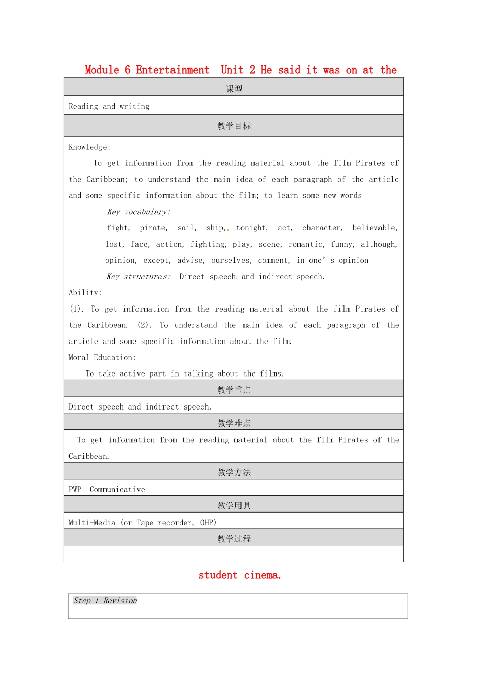 八年级英语下册 Module 6 Entertainment Unit 2 He said it was on at the student cinema教学设计 外研版_第1页