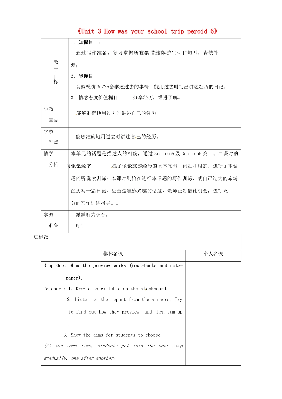 七年级英语上册《Unit 3 How was your school trip period 6》教案 鲁教版五四制-鲁教版五四制初中七年级上册英语教案_第1页