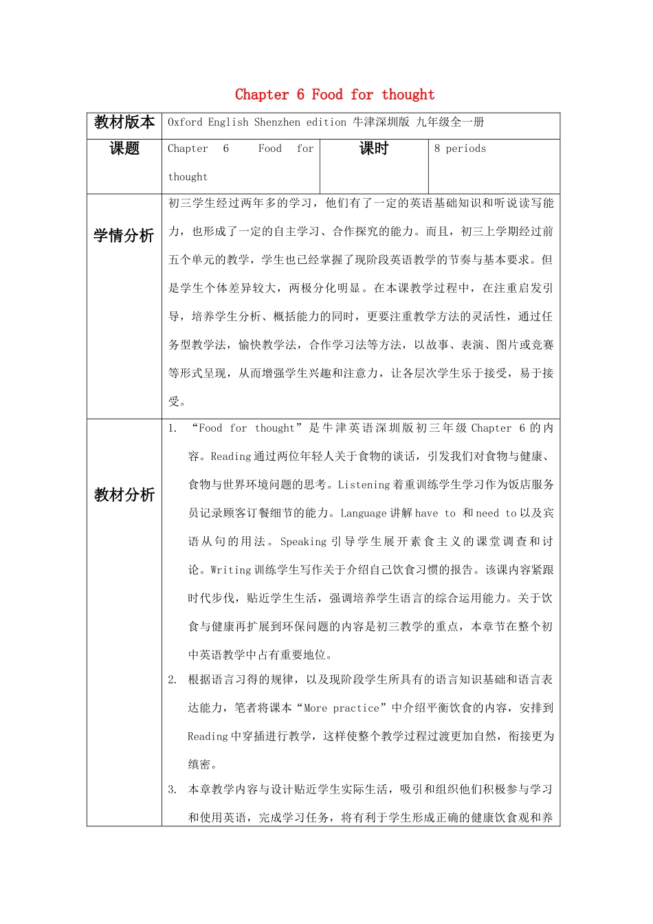 九年级英语 Chapter 6 Food for thought教案 牛津深圳版_第1页