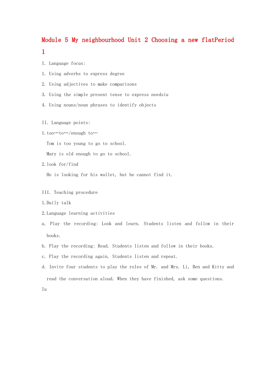 七年级英语上册 Module 5 Unit 2 Choosing a new flat Period 1教案上海牛津版_第1页
