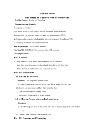 九年级英语上：Module 8 Unit 2 Read on to find out who the winners are教案（外研版）
