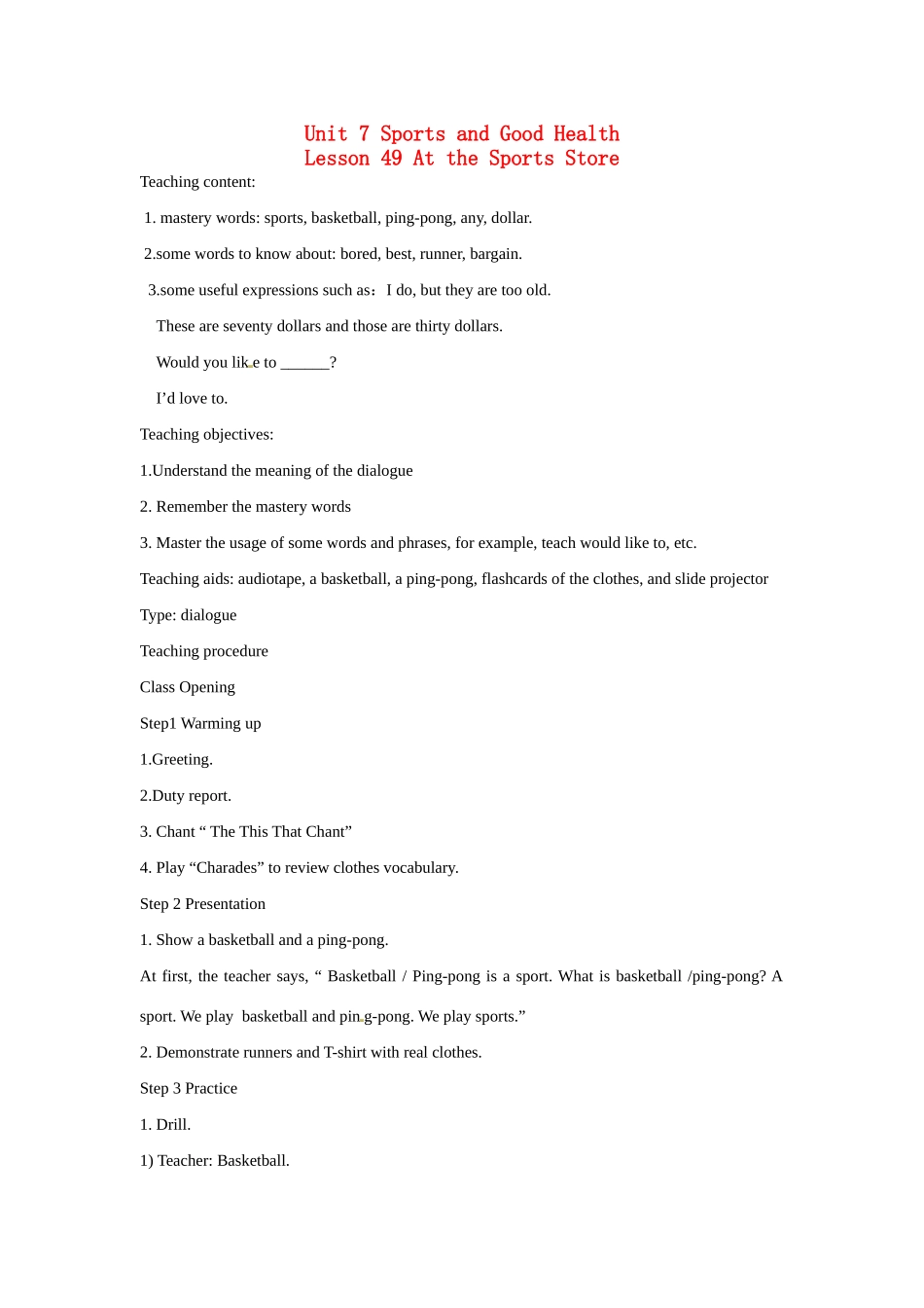 七年级英语下册 Unit7 Sports and good Health Lesson49-Lesson52教案 冀教版_第1页