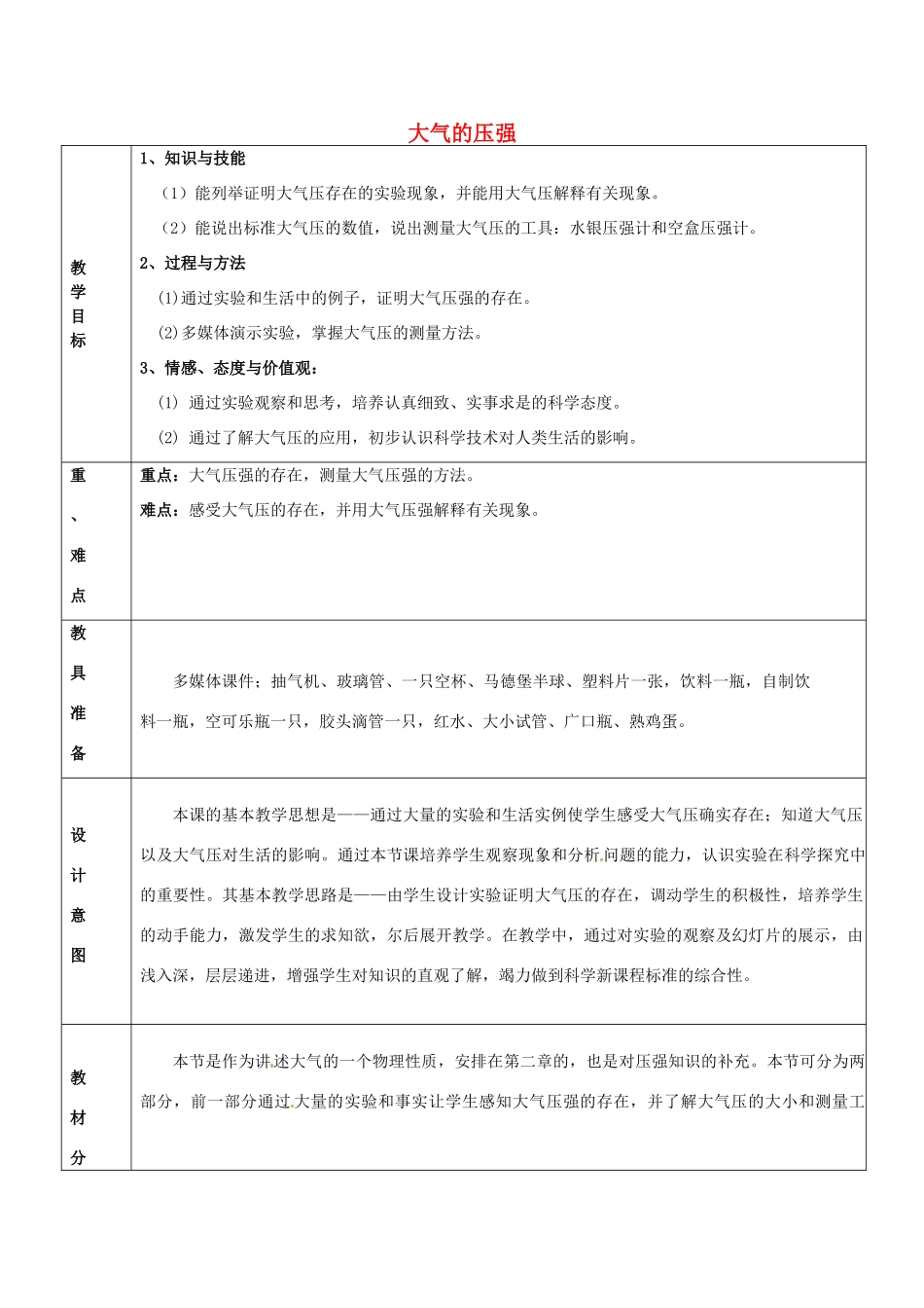 八年级物理下册 第九章 大气压强教案2 （新版）新人教版_第1页