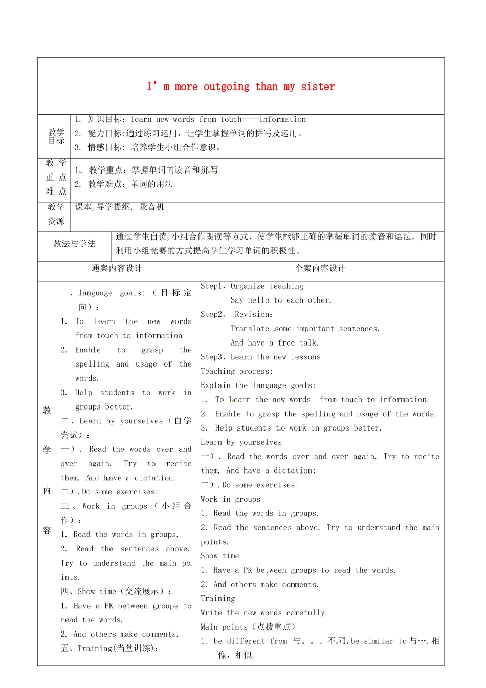 七年级英语上册 Unit 7 I’m more outgoing than my sister教案4 鲁教版五四制-鲁教版五四制初中七年级上册英语教案_第1页