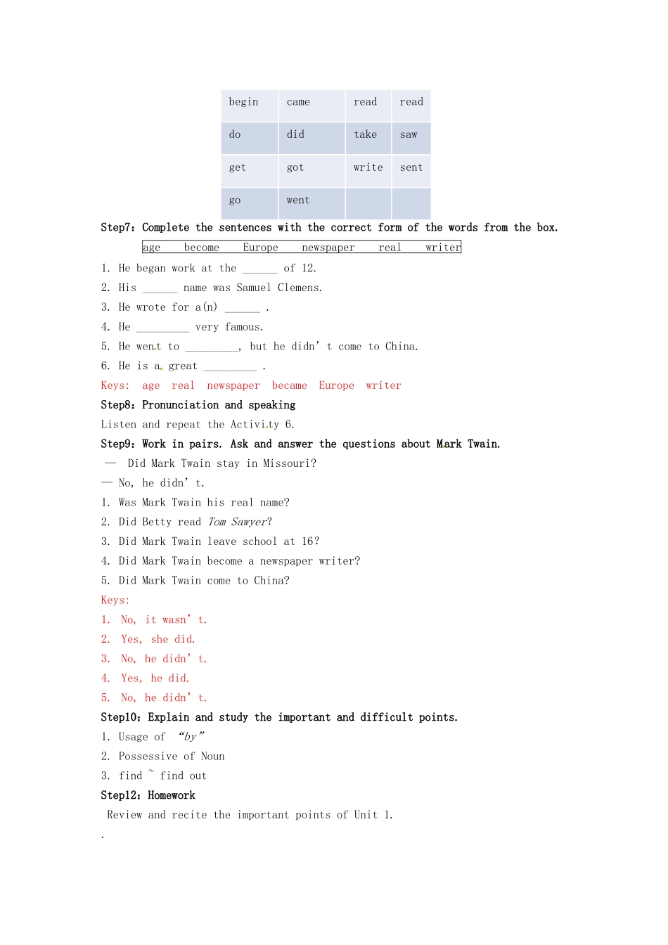 七年级英语下册 Moudle 9 Unit 1 He left school and began work at the age of twelve教案1 （新版）外研版-（新版）外研版初中七年级下册英语教案_第3页