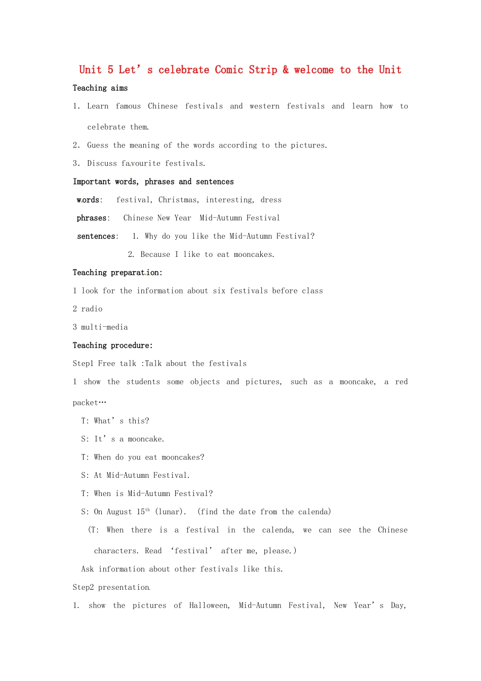 七年级英语上册 Unit 5 Let’s celebrate Comic strip  Welcome to the unit教案 （新版）牛津版-（新版）牛津版初中七年级上册英语教案_第1页