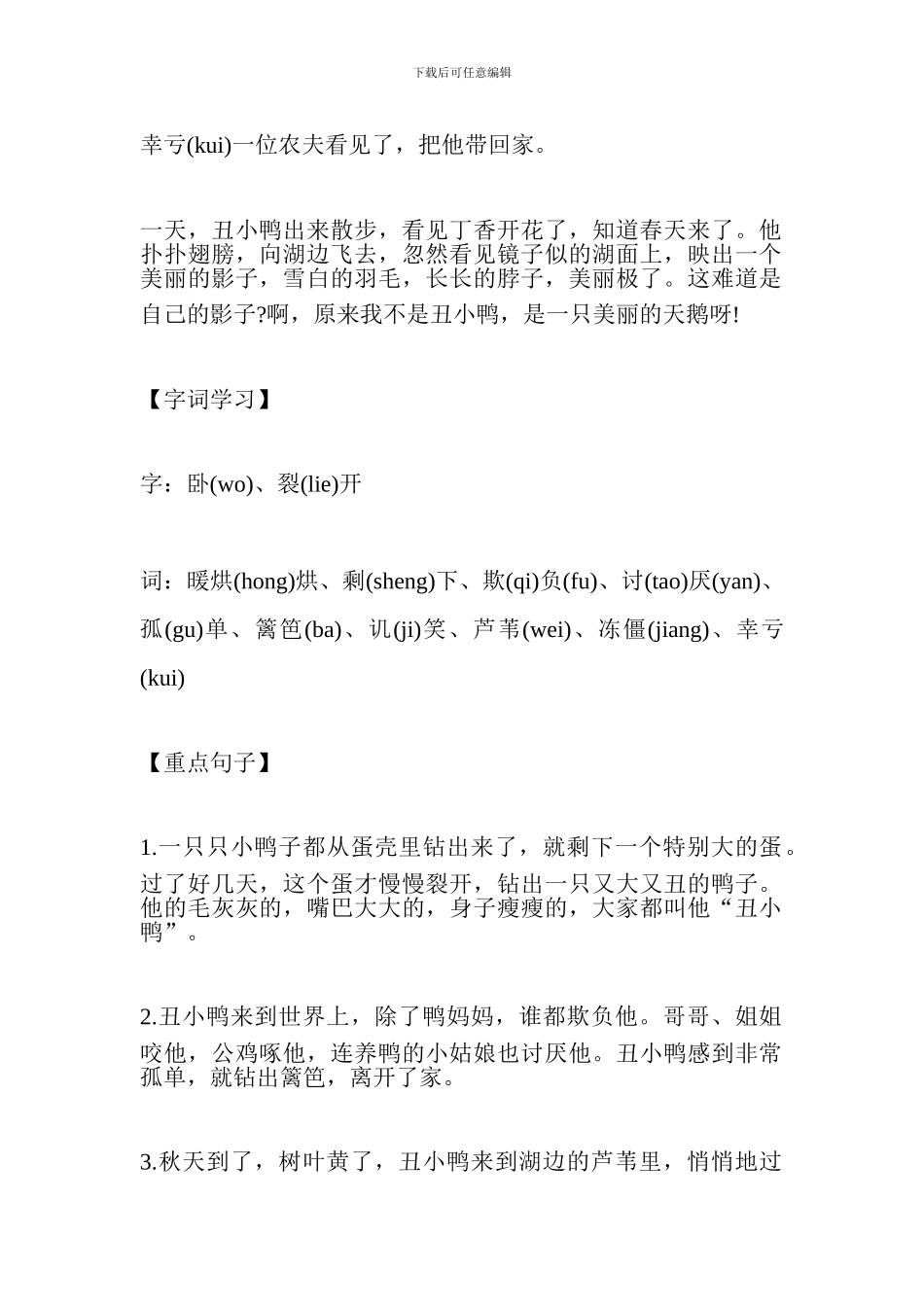 人教版小学二年级语文下册《丑小鸭》复习学案_第2页