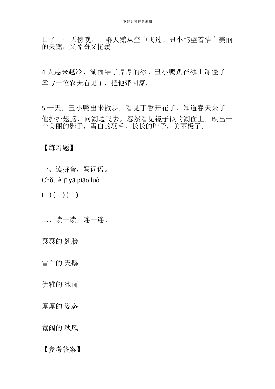 人教版小学二年级语文下册《丑小鸭》复习学案_第3页