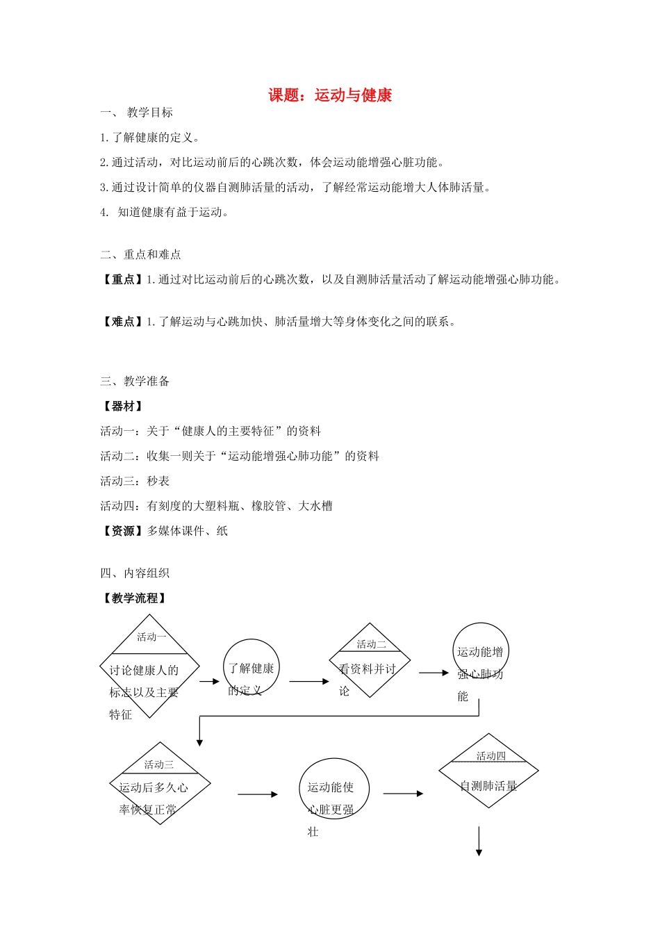 七年级科学上册 第10章 健康的身体 10.1 运动、休息与健康 运动与健康教案设计 牛津上海版-牛津上海版初中七年级上册自然科学教案_第1页
