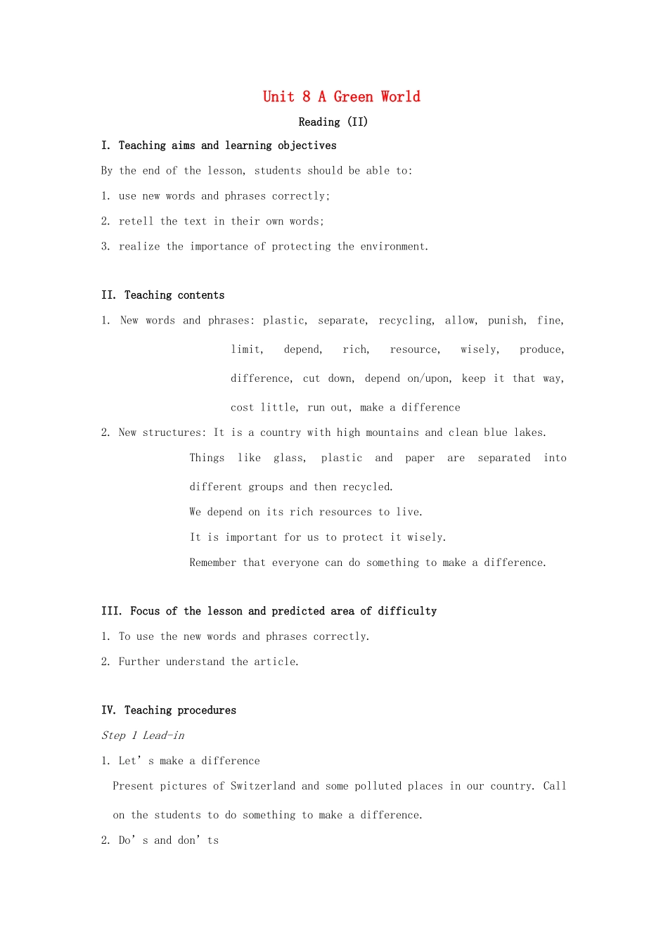 八年级英语下册 Unit 8 A green world Reading II教案 （新版）牛津版-（新版）牛津版初中八年级下册英语教案_第1页