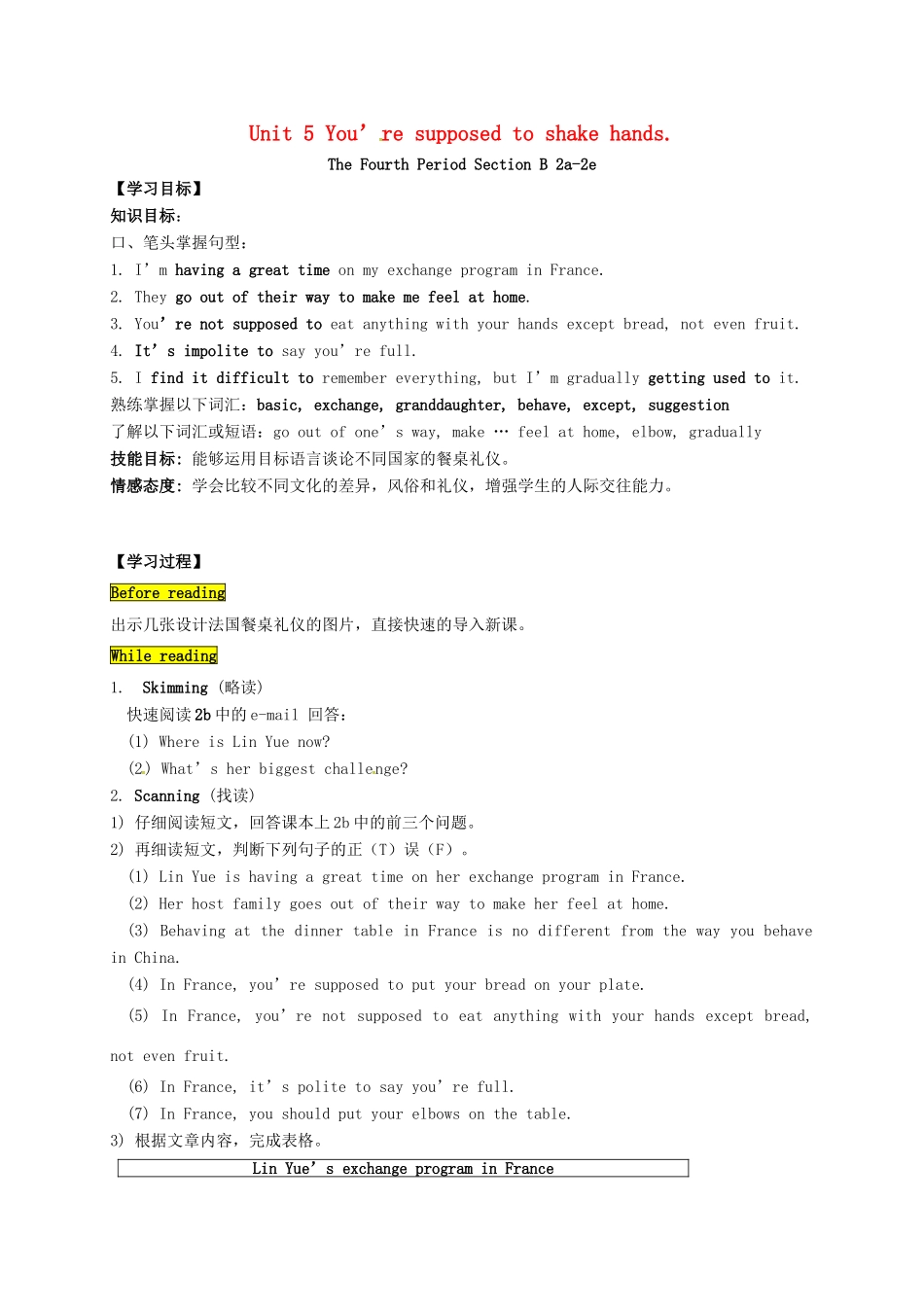 九年级英语全册 Unit 5 You’re supposed to shake hands The Fourth Period教案 鲁教版五四制-鲁教版五四制初中九年级全册英语教案_第1页