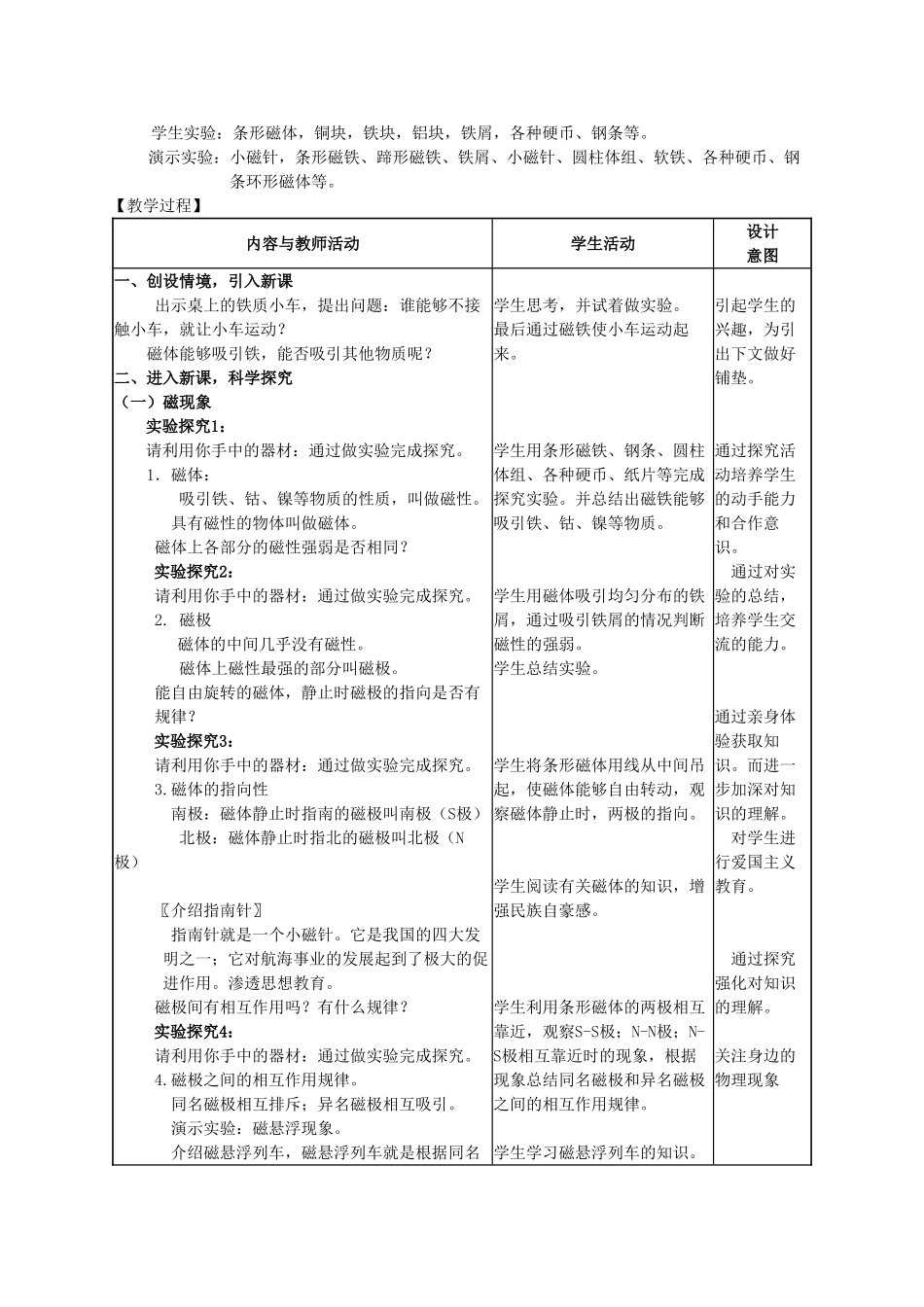 九年级物理全册 第14章 第1节《简单磁现象》教学设计 （新版）北师大版-（新版）北师大版初中九年级全册物理教案_第2页