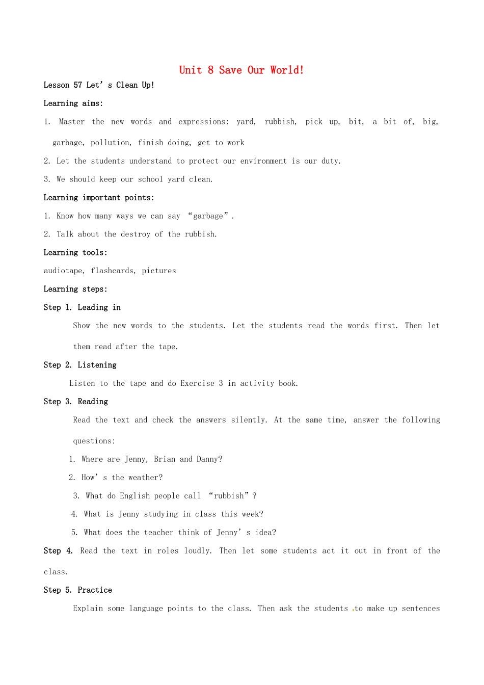 八年级英语下册 Unit 8 Save Our World教案 冀教版_第1页