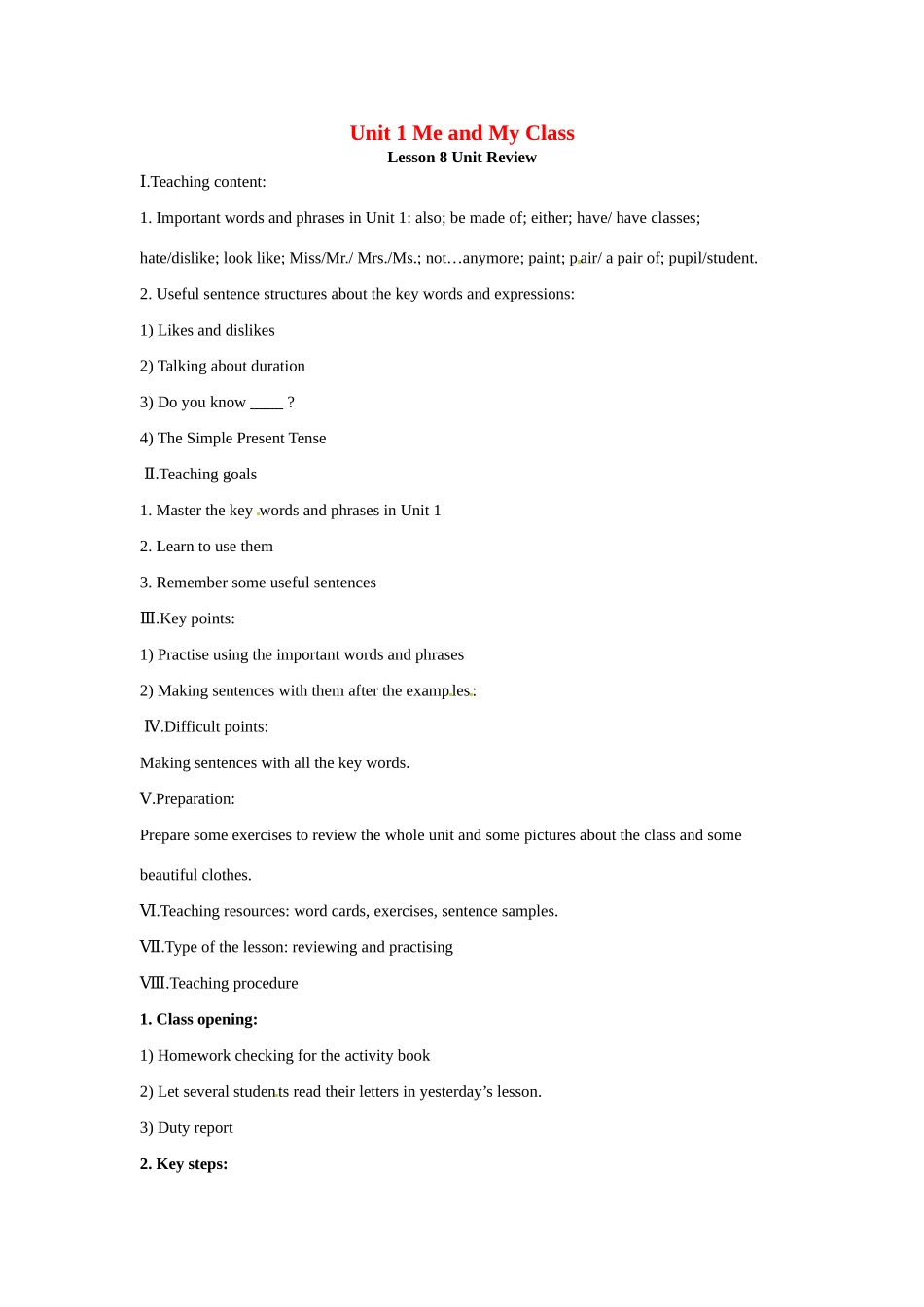 八年级英上册 Unit 1 Me and My Class Lesson 8 Unit Review教案 冀教版_第1页